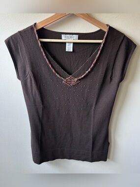 Nine West Brown Beaded Short Sleeve Top